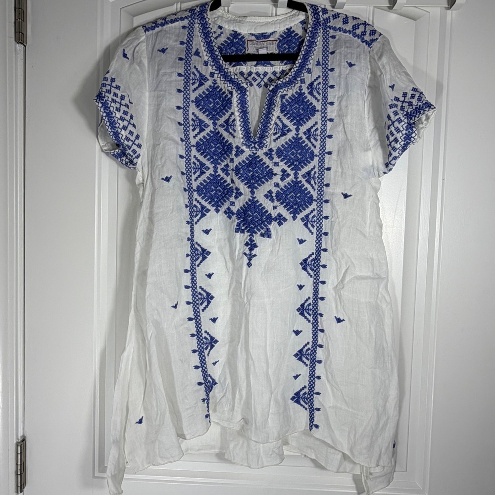 Johnny Was Workshop White Linen Blue Embroidered Boho Tunic Top Large